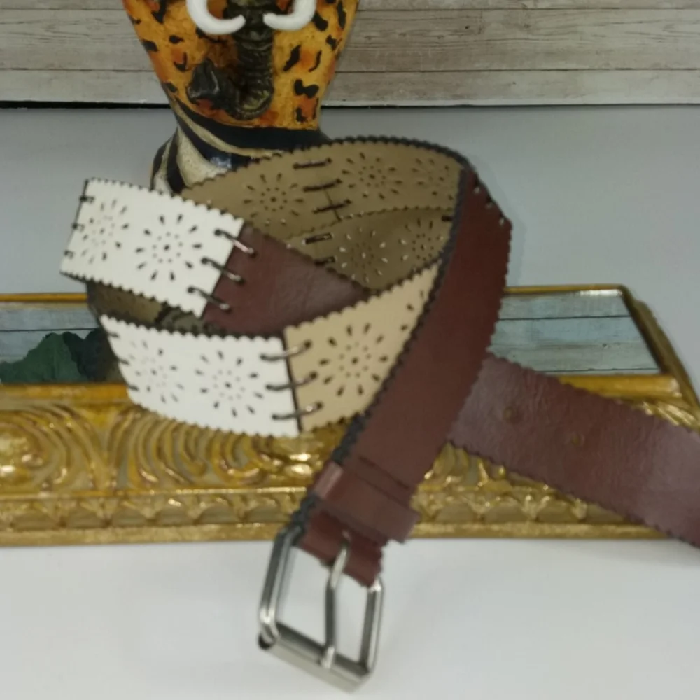 Fashion Belt,  creme, tan, brown colors belt, each color woven together, size XL